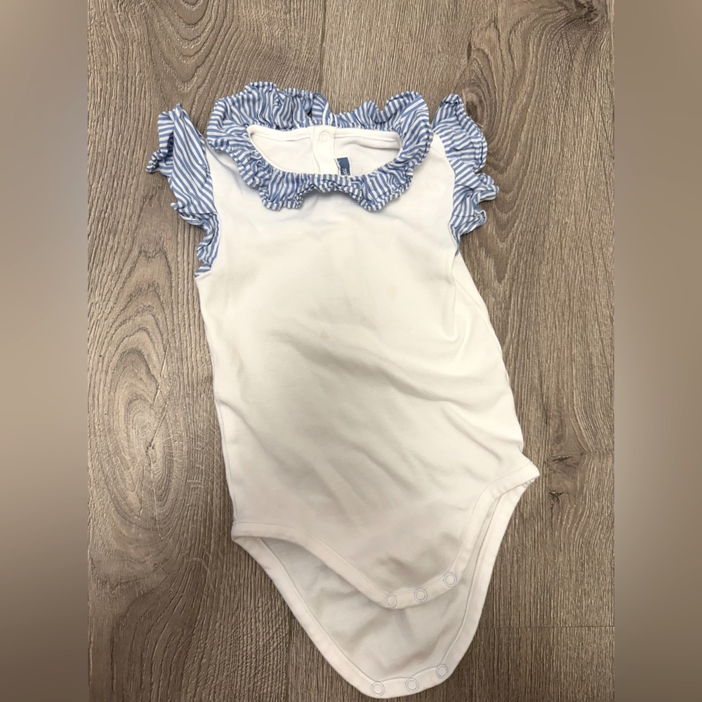 Jacadi bodysuit with blue white stripe neck 18M